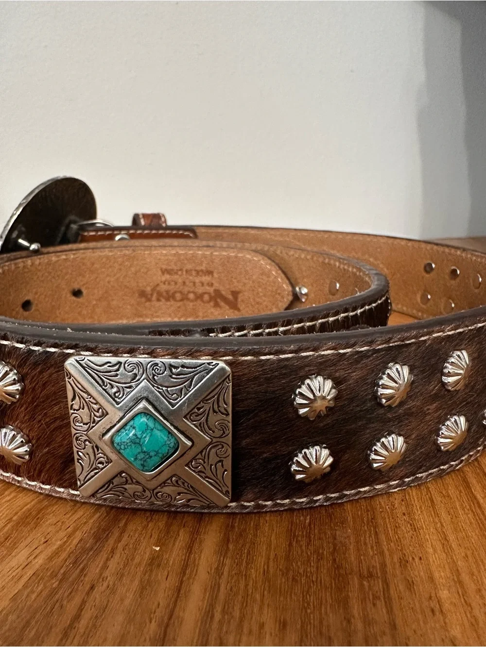Nocona Belt Co. Turquoise Stone Calf Hair Tooled Leather Belt SZ 38 Western READ